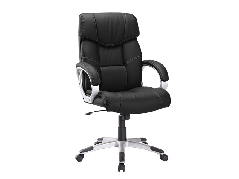 Image of OFFICECHAIR BUDAPEST(Black). Klassevolle bureaustoel met witte stikkingen, PU zwart .Voet op wielen en in hoogte verste...