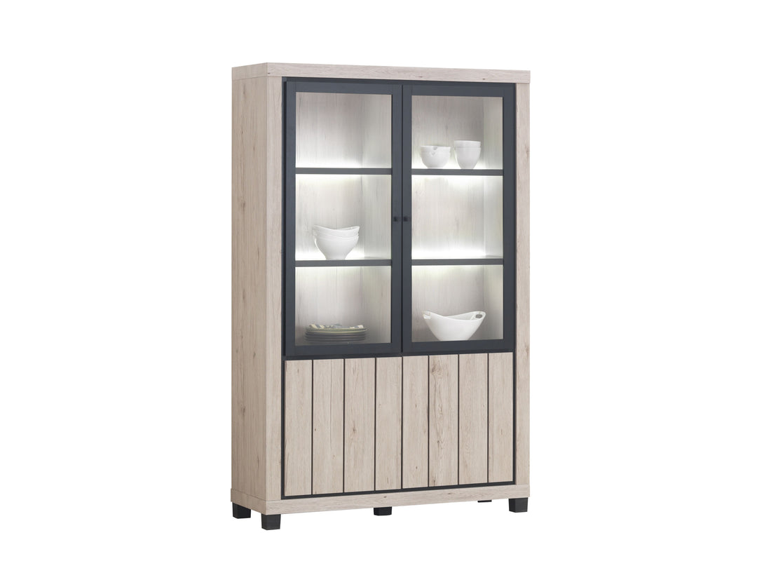 Image of Vitrine Ontarion - Natuurlijke Eik - 133x205x45cm. De perfecte vitrine met landelijke uitstraling en moderne vormen. Inclusief gratis ledverlichting...