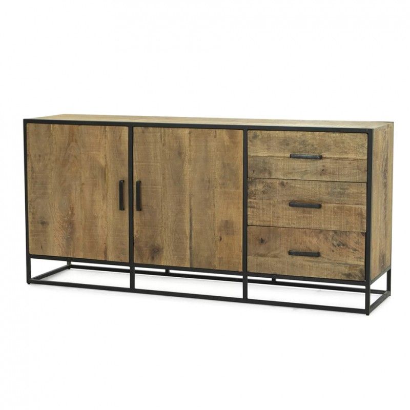 Image of Dressoir Madurai - Massief - Mango - 180x85x45cm. Duurzame dressoir van 180 cm in massief mangohout. Het metalen frame geeft het meubel een hedenda...