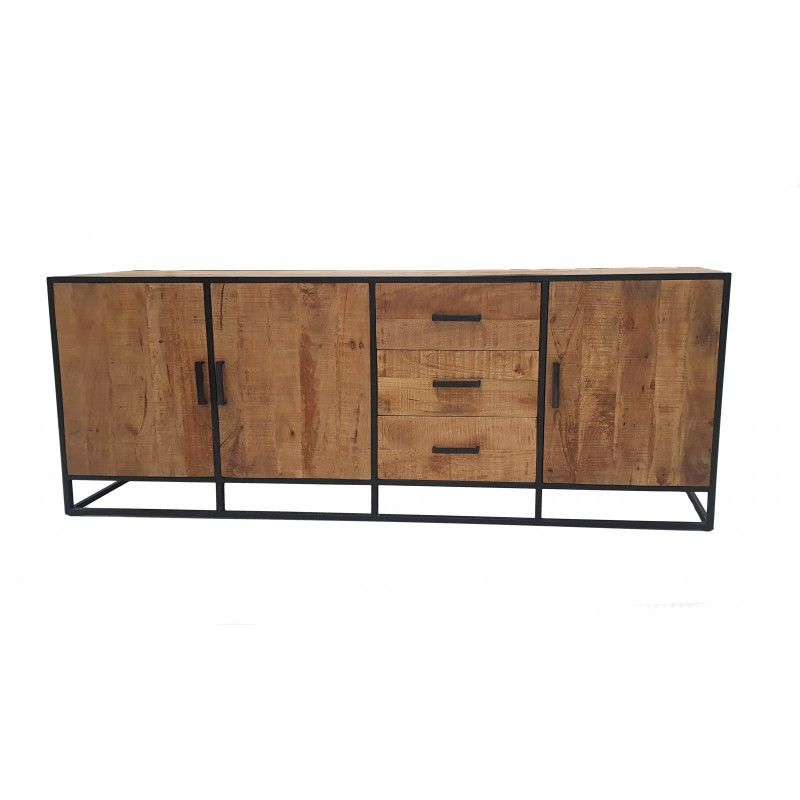 Image of Dressoir Madurai - Massief - Mangohout - 215x85x45cm. Duurzame dressoir van 220 cm in massief mangohout. Het metalen frame geeft het meubel een hedenda...