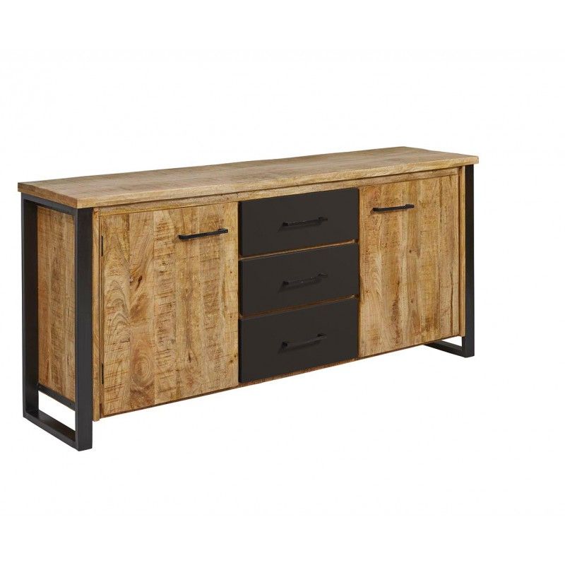 Image of Dressoir San Remo - Massief - Mangohout/Zwart - 180x85x45cm. Authentiek dressoir vervaardigd uit ruw mangohout in naturelle kleur. Afgewerkt met metalen front...