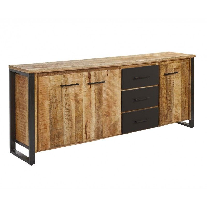 Image of Dressoir San Remo - Massief - Mangohout/Zwart - 215x85x45cm. Authentiek dressoir vervaardigd uit ruw mangohout in naturelle kleur. Afgewerkt met metalen front...