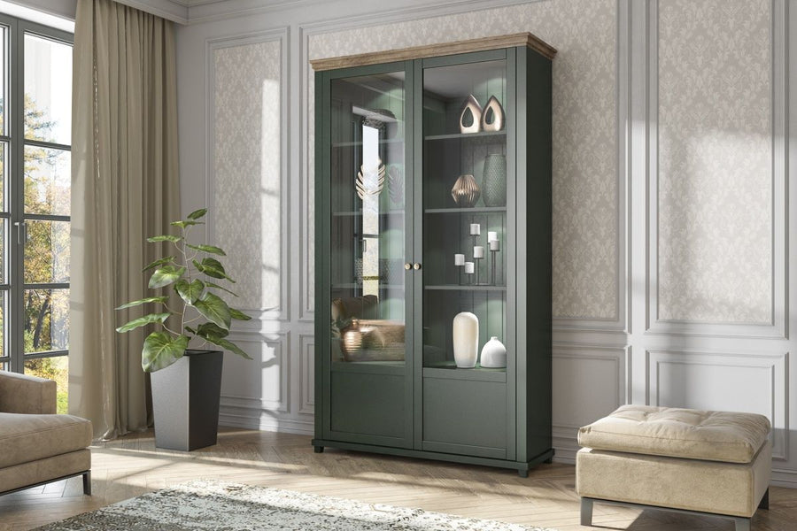 Image of HM - Vitrine Evora L - Groen/Eik - 126x200x42cm.. Opzoek naar een uniek stuk in je living? Da nis deze vitrinekast iets voor jou.<!----><!---->...