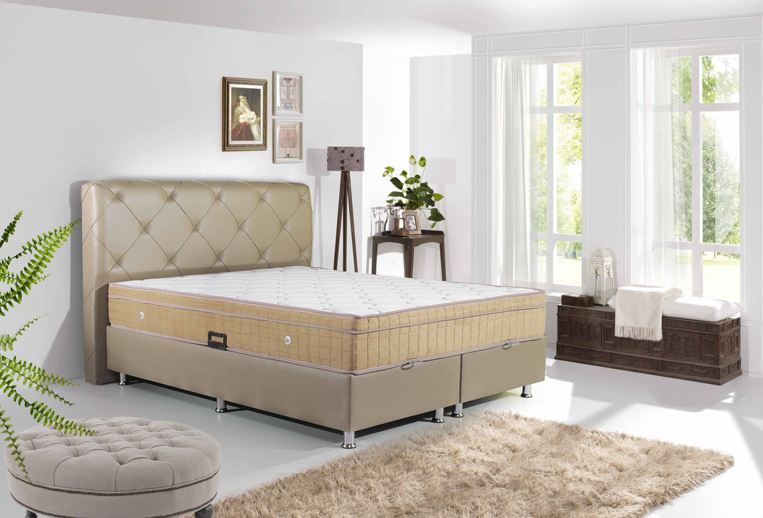 Image of Boxspring Almi - Kunstleder - Taupe - 180x120x200cm. Boxspring met pocketverenmatras die voor een ongekend comfort zal zorgen. Het kunstleder zorgt er...