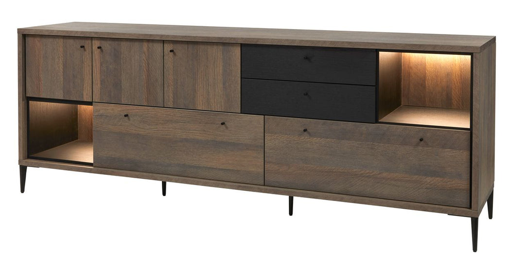 Image of EVAN - Dressoir Trevi - DR1 - Donkere Eik/Zwart/Goud - Twee kleuren - 238x87x50cm. Door de combinatie van de kleuren gouden ei...