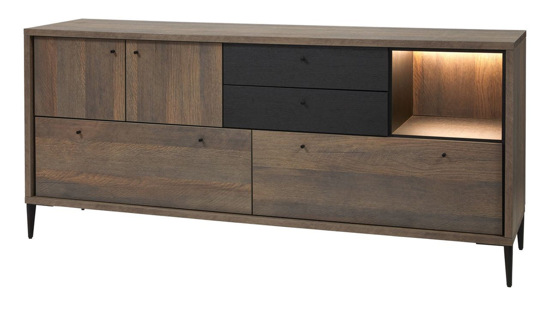 Image of Evan - Dressoir Trevi - DR2 - K675- Donkere Eik/Zwart/Goud - 197x87x50cm. Moderne eetkamer meubelen Trevi met een ind...