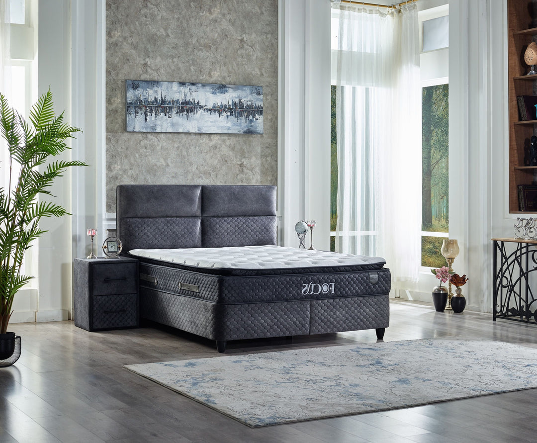 Image of 2BM - Boxspring Focus - Stof - Grijs - Twee afmetingen. Modern decoratief hoofdeinde met vierkanten...