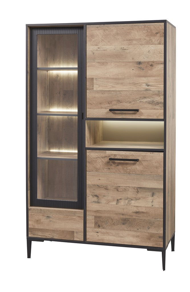 Evan - Vitrine Perugia - V1 - K632 - Natuurlijke parketlook/Zwart - 106x177x50cm