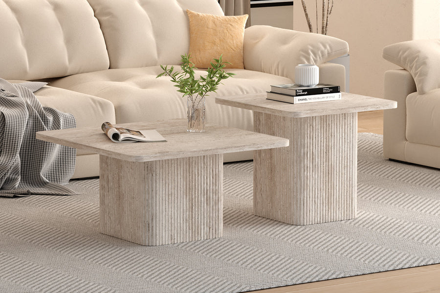 Rousseau - Set van 2 Salontafels Bobby Decor travertin Beige - 52x60x80cm