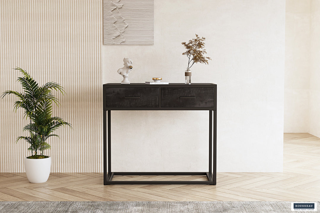 Rousseau - Console Madeira met 2 lades Mango hout zwart - 80x90x35 cm