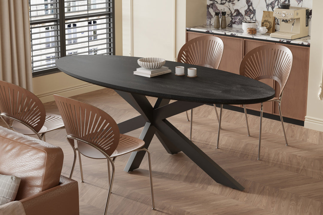 Rousseau - Tafel Tommy 220x100 cm Ovaal Spider-Poot Mango hout Zwart - 77x220x100cm