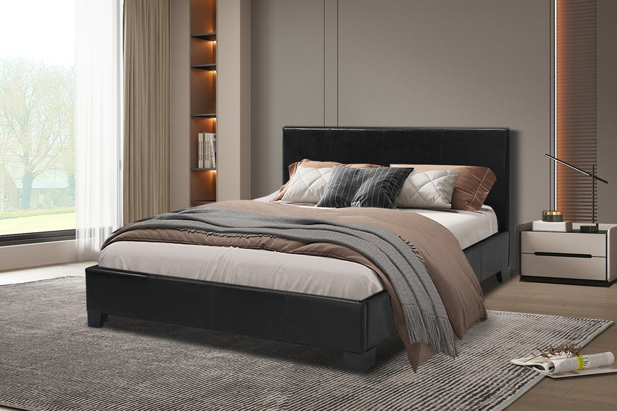 Rousseau - PROMO - Bed Roma 140x200 met lattenbodem PU Zwart - 92x150x218 cm