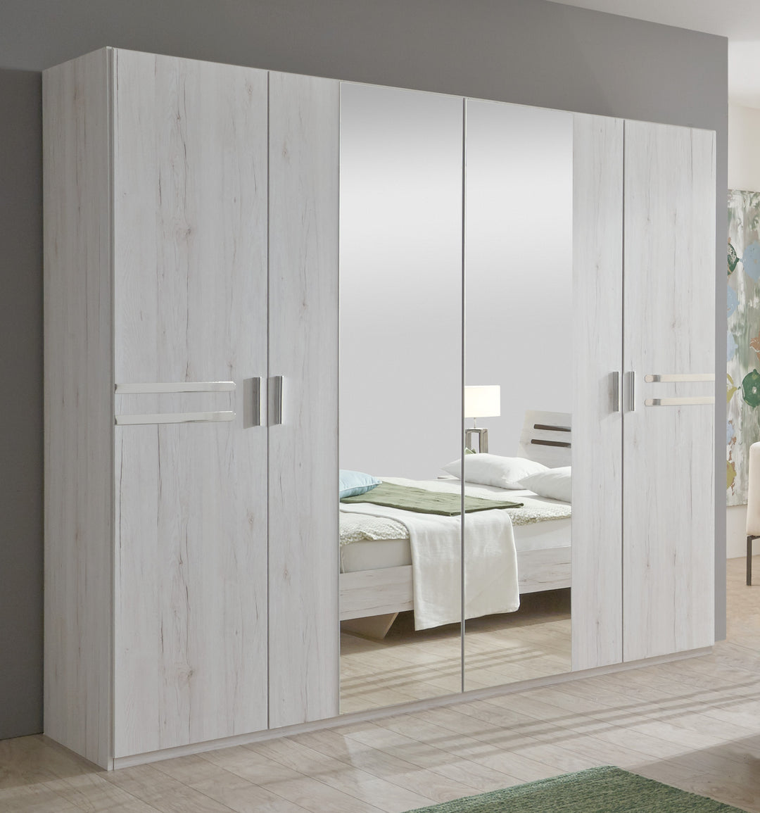 Armoire Susan - 4 Portes - Imitation Chêne Blanc - 225x58x210cm