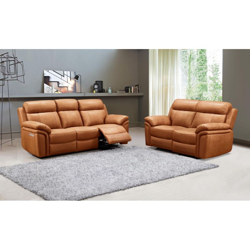 Salon Varese 3 + 2 - Cuir - Cognac - 2 relax électriques -