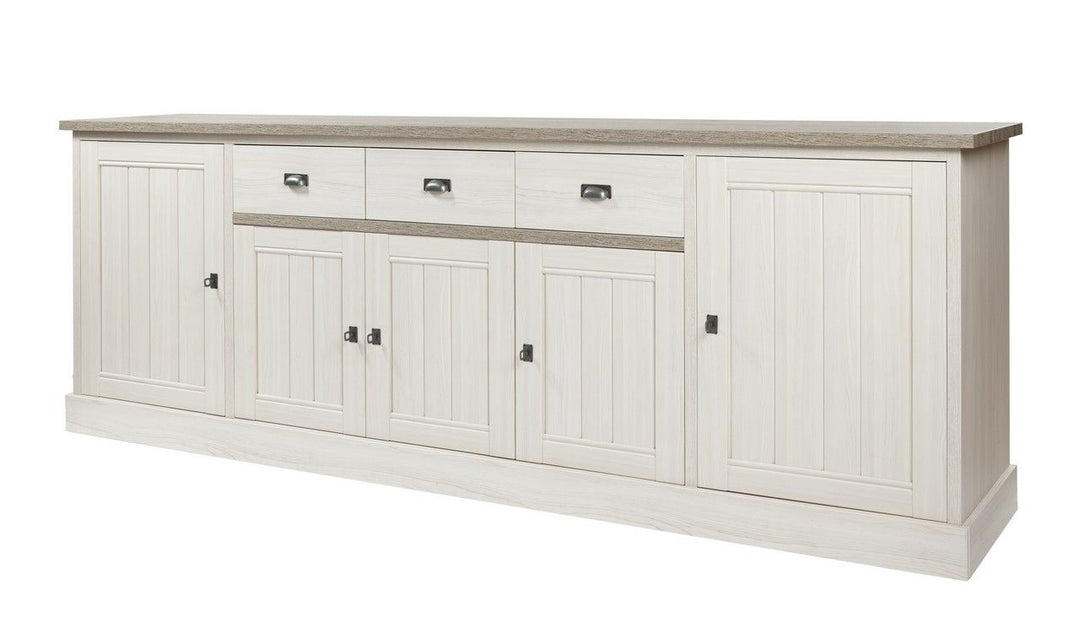 Image of Meubar - Dressoir York - DR1 - Lariks/Krystal Eik - Twee kleuren - 259x90x50cm. <ul>
<li>Landelijke barkast in tweekleurig decor Lariks + Kristal eik licht bruin of in een kleur Kr...