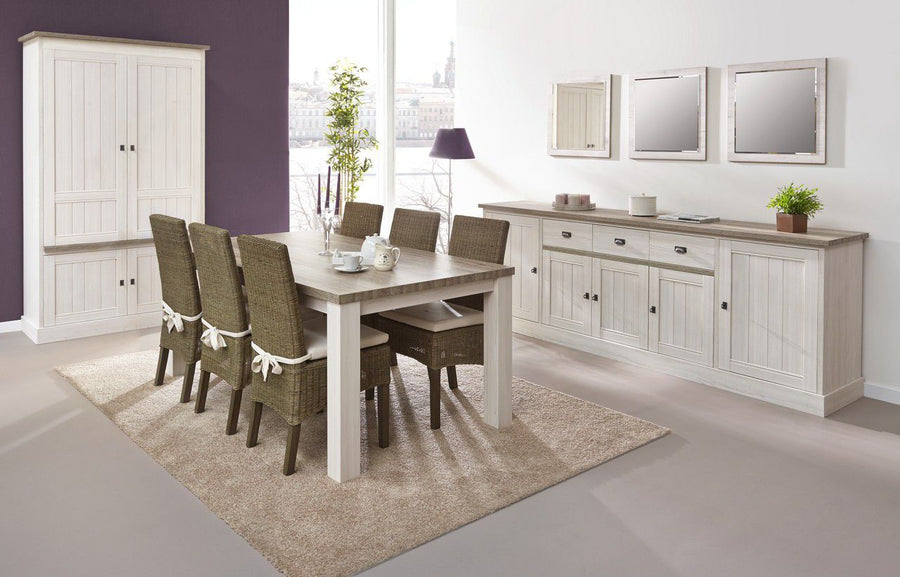 Image of Meubar - Eetkamer York T - 3-delige set - Lariks Eik/Kristal Eik. Landelijke eetkamer van Belgische topkwaliteit. 
Dressoir 259x90x50 cm<br>Eettafel 183,5x7...