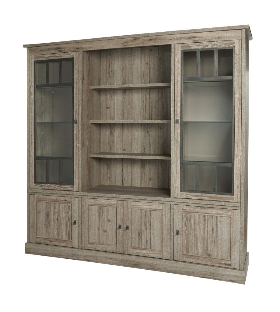 Image of Meubar - Bibliotheekkast York - WV2 - Twee kleuren - 215x211x50cm. <ul>
<li>Landelijke barkast in tweekleurig decor Lariks + Kristal eik licht bruin of in een kleur Kr...